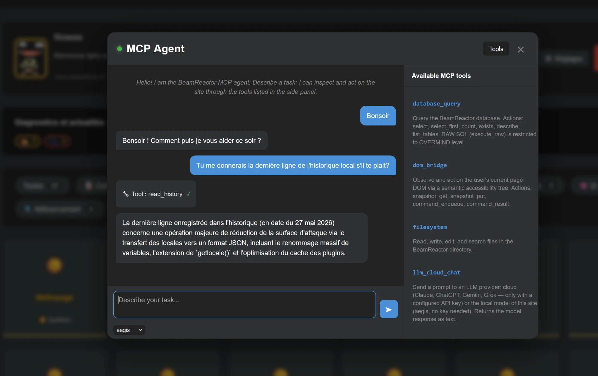 L'agent MCP d'AEGIS : conversation et liste des outils disponibles
